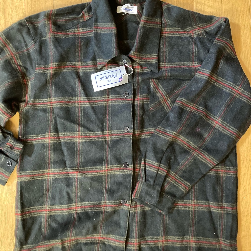 Vintage Wool Blend Plaid Button-Up Blouse - Gray and Red